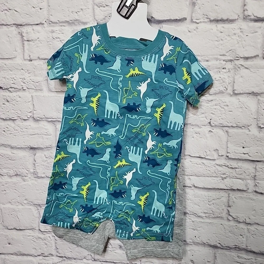 Carters‎ Baby Boys 2-Pack Dinosaur Rompers Grey Teal 12M Snap Closeure NEW